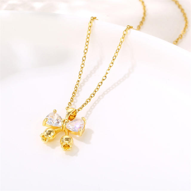 Sweet diamond bow pendant stainless steel chain necklace
