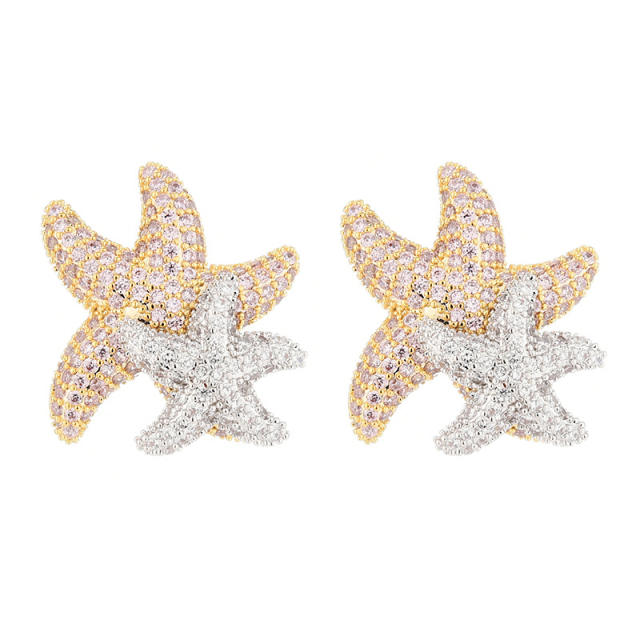 Luxury pave setting cubic zircon starfish copper studs earrings