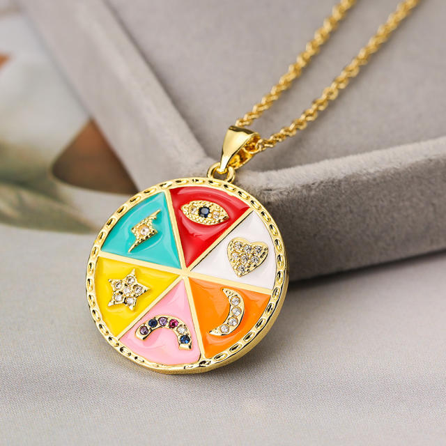 Boho color enamel round pendant evil eye copper necklace