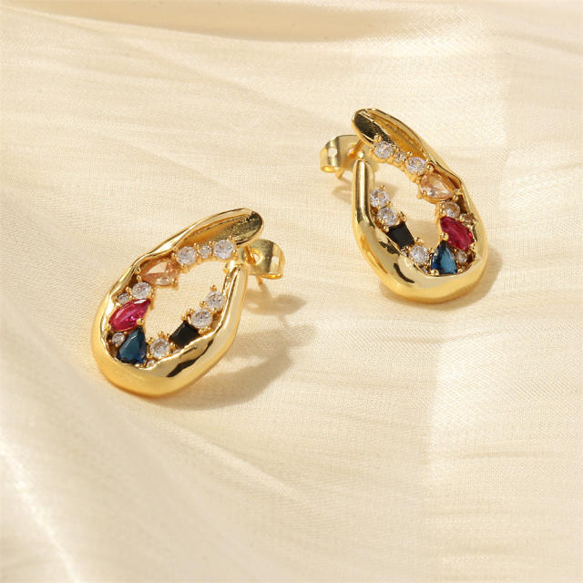 Delicate rainbow cz teardrop shape hollow copper studs earrings