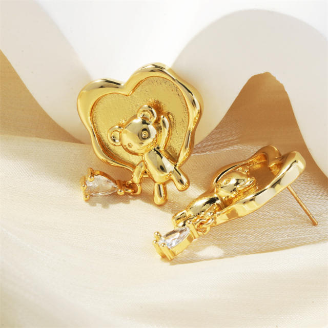 Sweet heart bear gold plated copper earrings