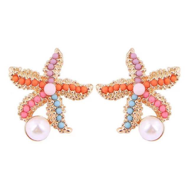 Ocean trend colorful bead starfish pearl studs earrings for women