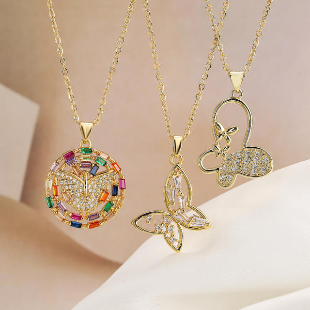 Dainty rainbow cz butterfly pendant copper necklace