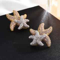 Luxury pave setting cubic zircon starfish copper studs earrings