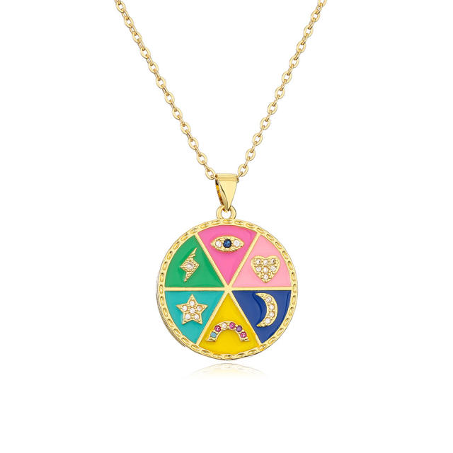 Boho color enamel round pendant evil eye copper necklace