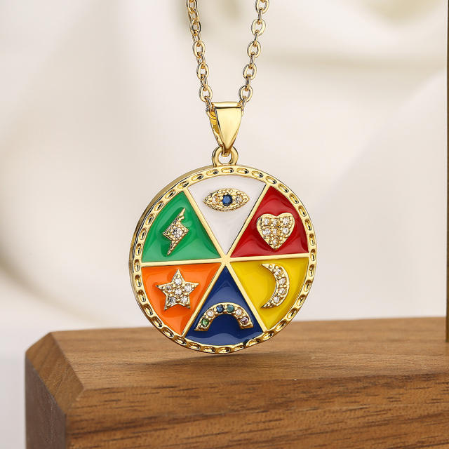 Boho color enamel round pendant evil eye copper necklace