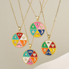 Boho color enamel round pendant evil eye copper necklace