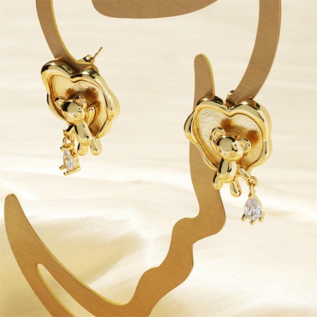 Sweet heart bear gold plated copper earrings