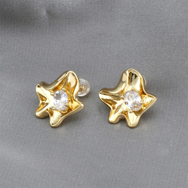 Cute cubic zircon starfish gold plated copper studs earrings