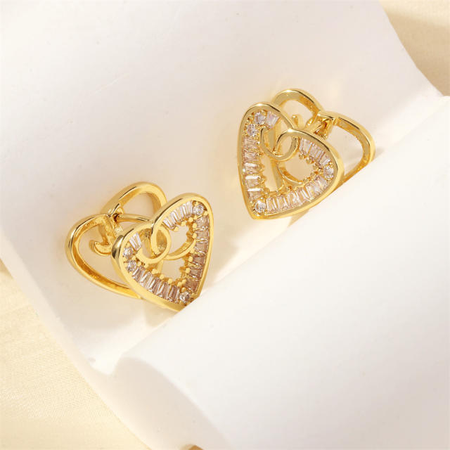 Elegant hollow heart diamond copper huggie earrings