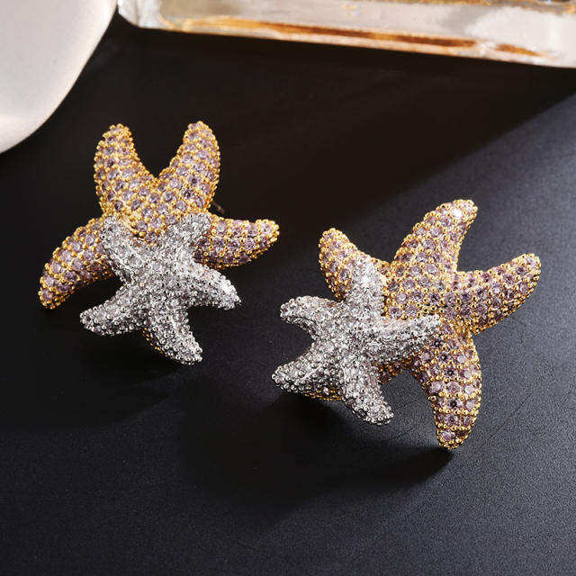 Luxury pave setting cubic zircon starfish copper studs earrings