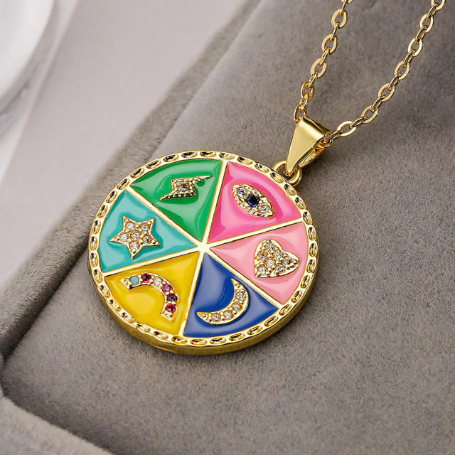 Boho color enamel round pendant evil eye copper necklace