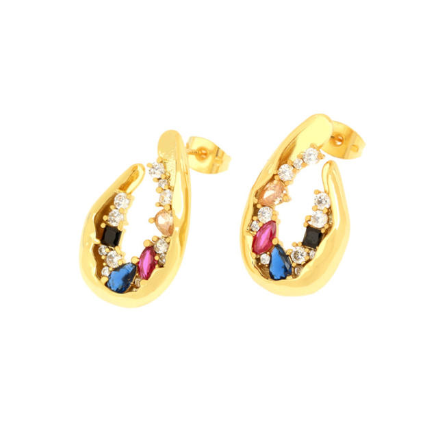 Delicate rainbow cz teardrop shape hollow copper studs earrings