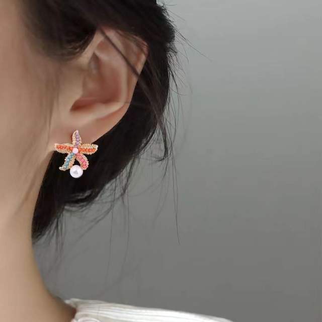 Ocean trend colorful bead starfish pearl studs earrings for women