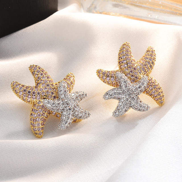 Luxury pave setting cubic zircon starfish copper studs earrings