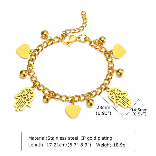 18K heart charm stainless steel chain bracelet