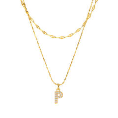 Dainty diamond initial letter pendant two layer stainless steel necklace