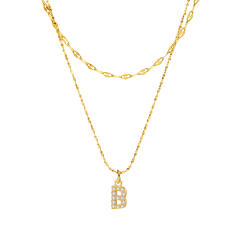 Dainty diamond initial letter pendant two layer stainless steel necklace
