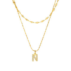 Dainty diamond initial letter pendant two layer stainless steel necklace