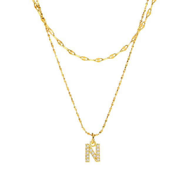 Dainty diamond initial letter pendant two layer stainless steel necklace