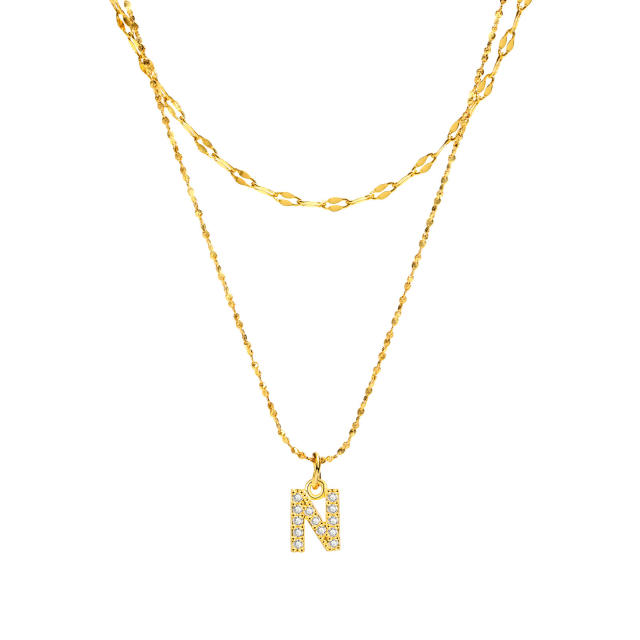 Dainty diamond initial letter pendant two layer stainless steel necklace
