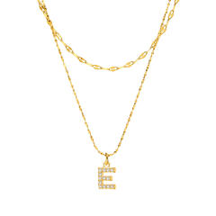 Dainty diamond initial letter pendant two layer stainless steel necklace