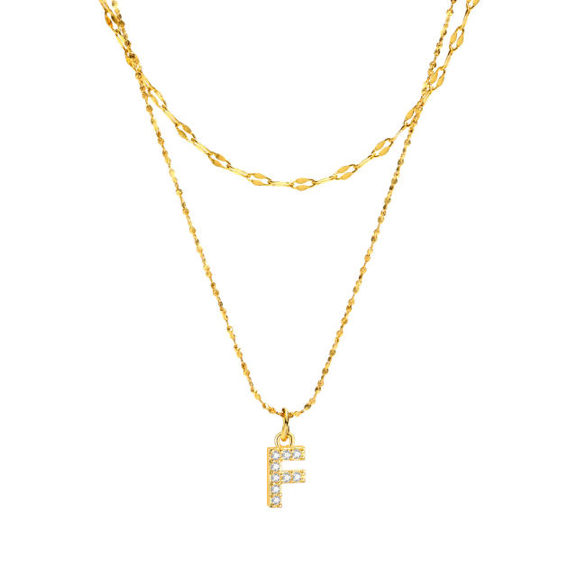 Dainty diamond initial letter pendant two layer stainless steel necklace