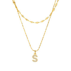 Dainty diamond initial letter pendant two layer stainless steel necklace