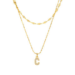 Dainty diamond initial letter pendant two layer stainless steel necklace