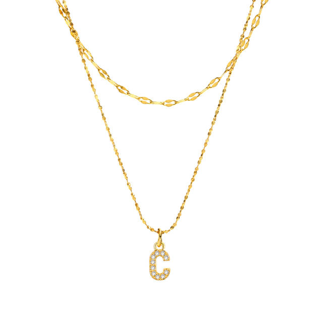 Dainty diamond initial letter pendant two layer stainless steel necklace