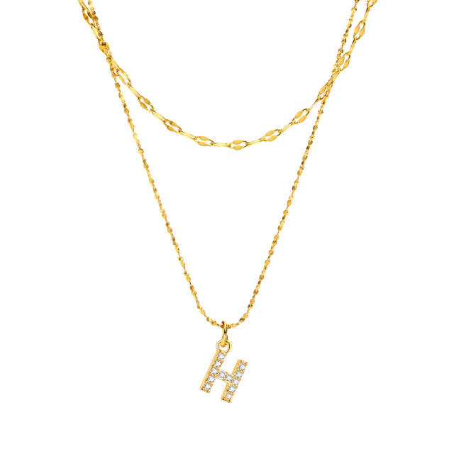 Dainty diamond initial letter pendant two layer stainless steel necklace