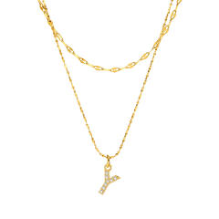 Dainty diamond initial letter pendant two layer stainless steel necklace