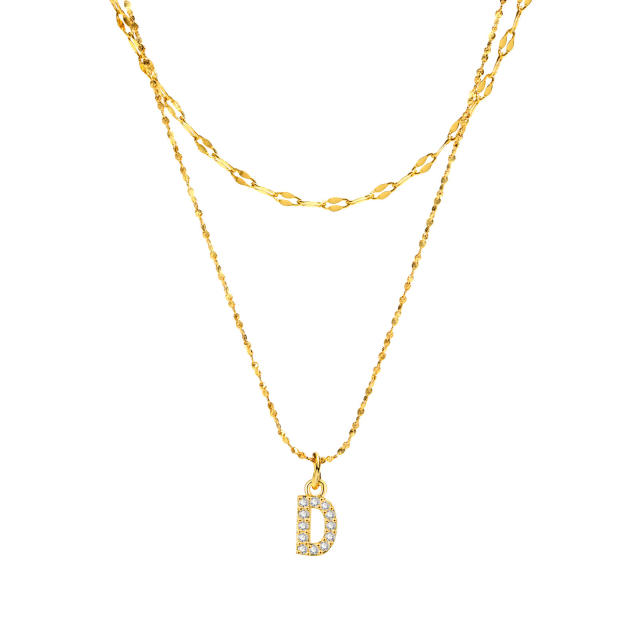 Dainty diamond initial letter pendant two layer stainless steel necklace