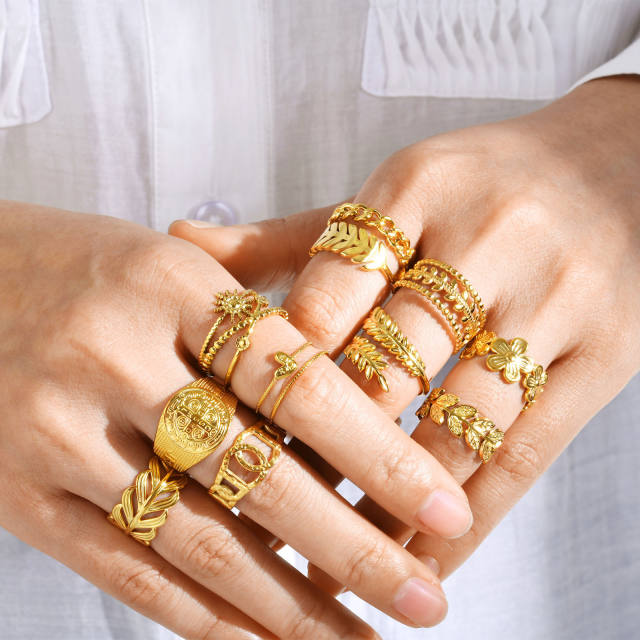 Natural leaf series stainless steel rings for women