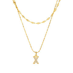 Dainty diamond initial letter pendant two layer stainless steel necklace