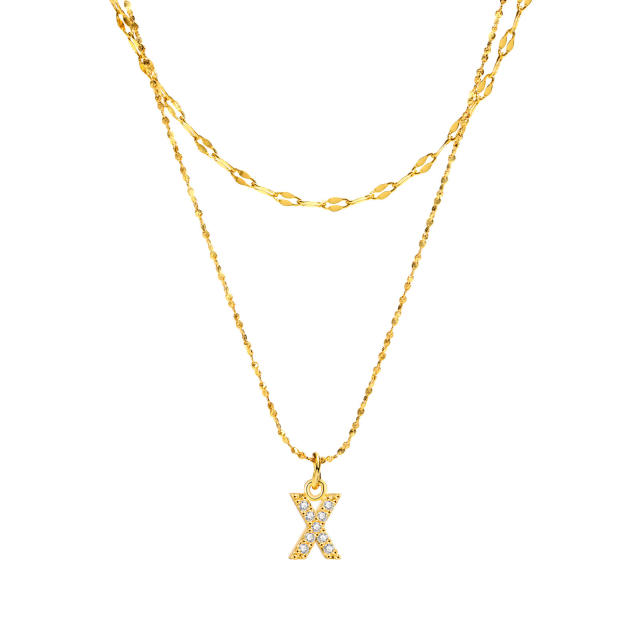 Dainty diamond initial letter pendant two layer stainless steel necklace