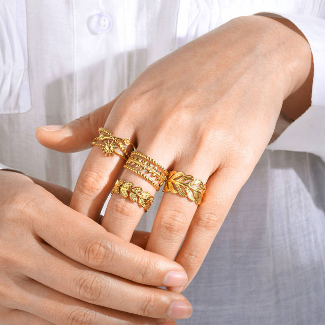 Natural leaf series stainless steel rings for women