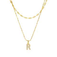 Dainty diamond initial letter pendant two layer stainless steel necklace