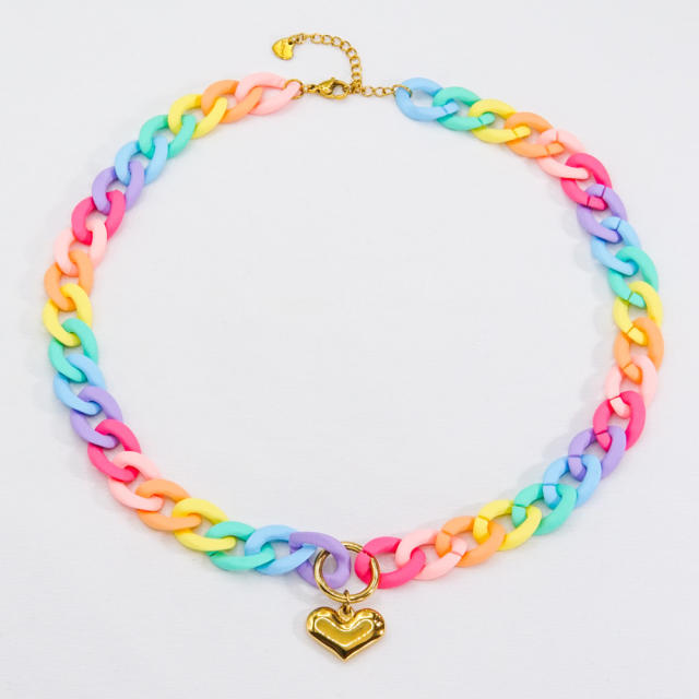 Y2K rainbow acrylic chain stainless steel heart pendant necklace