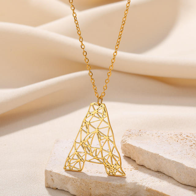 Chunky hollow initial letter pendant stainless steel necklace