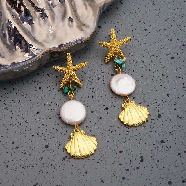 18K gold plated baroque pearl starfish holiday earrings