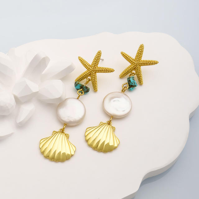 18K gold plated baroque pearl starfish holiday earrings