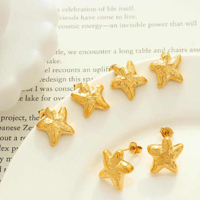 Chunky starfish design gold plated copper studs earrings