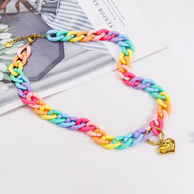 Y2K rainbow acrylic chain stainless steel heart pendant necklace