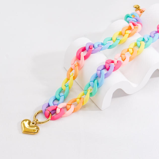 Y2K rainbow acrylic chain stainless steel heart pendant necklace