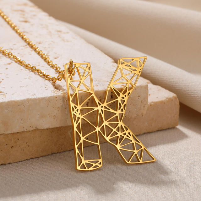 Chunky hollow initial letter pendant stainless steel necklace
