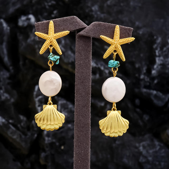 18K gold plated baroque pearl starfish holiday earrings