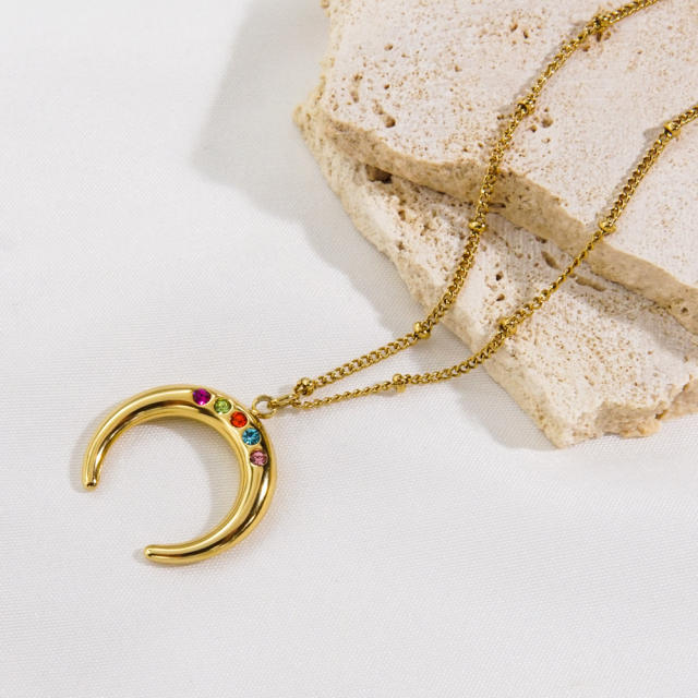 Dainty rainbow cz moon pendant stainless steel necklace