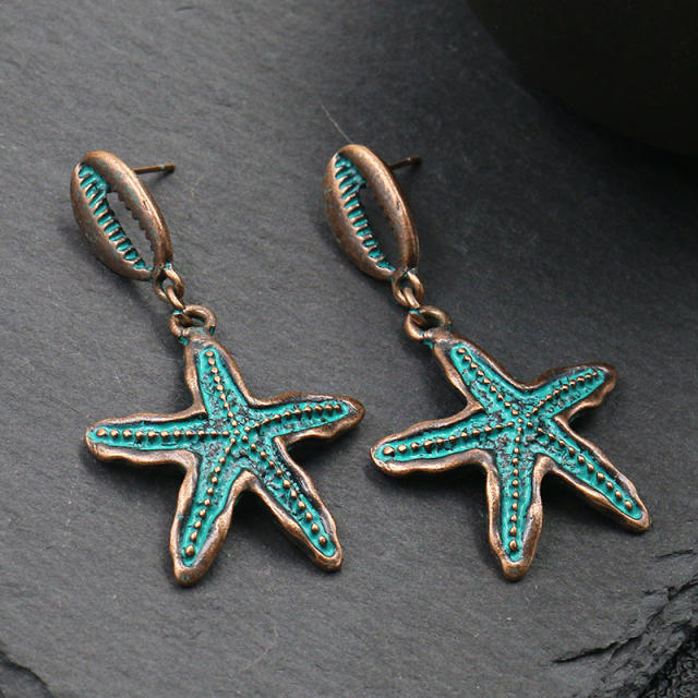 Vintage blue color starfish shell holiday earrings for women
