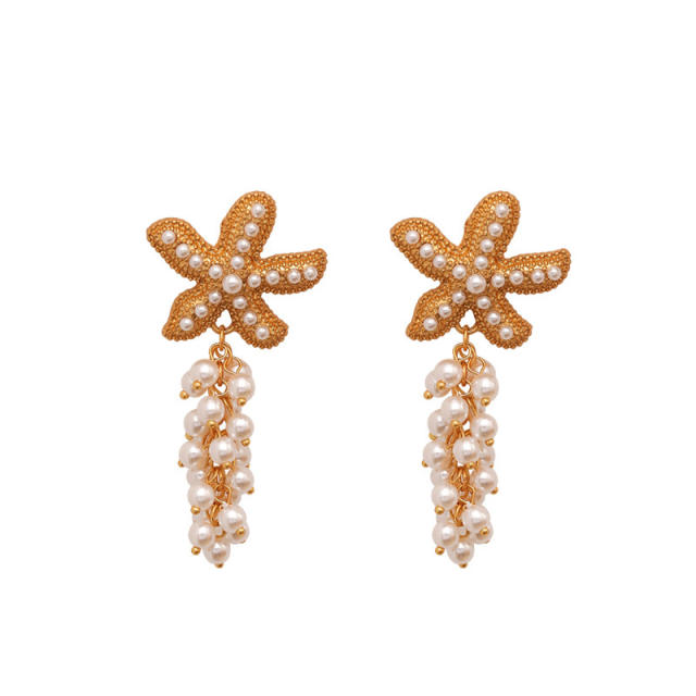 Holiday trend pearl bead starfish tassel copper earrings